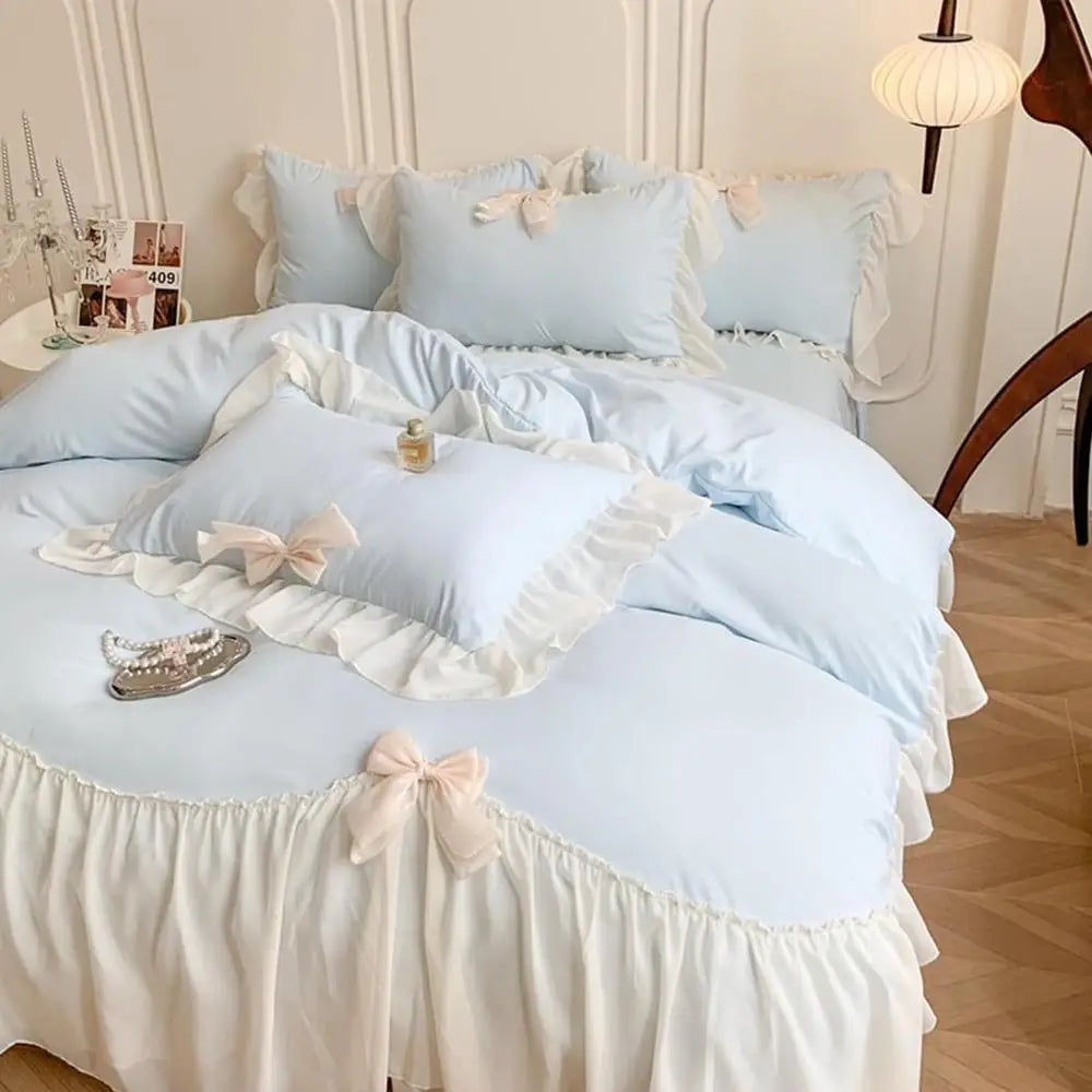 Ruffled Duvet Cover Set with Bowknot Tie and Zipper Closure Soft Microfiber Includes Pillowcases Chic Bedding Bedroom Decor