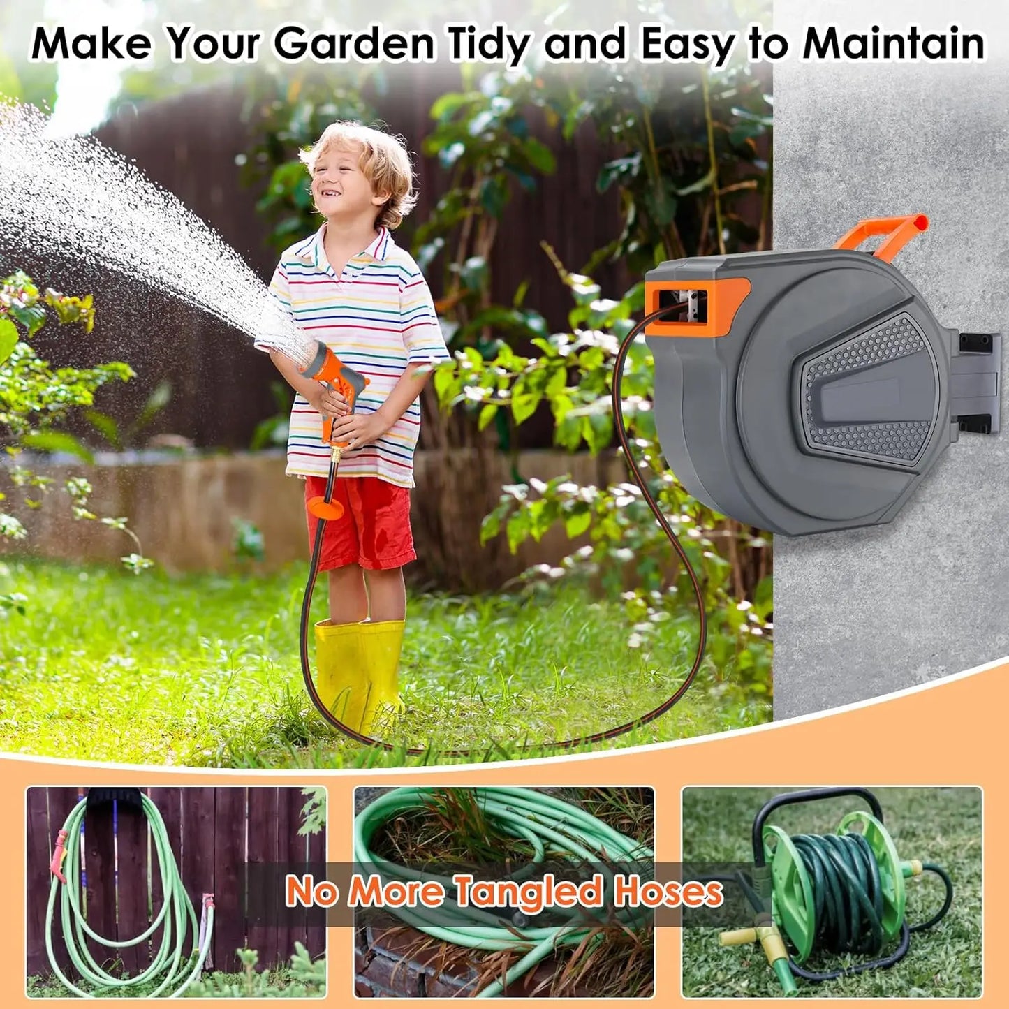 Retractable Garden Hose Reel 20/30M+2M UV Resistant Heavy Duty Automatic Hose Reel Wall Mount 1/2,3/4in Fitting 9 Pattern Nozzle