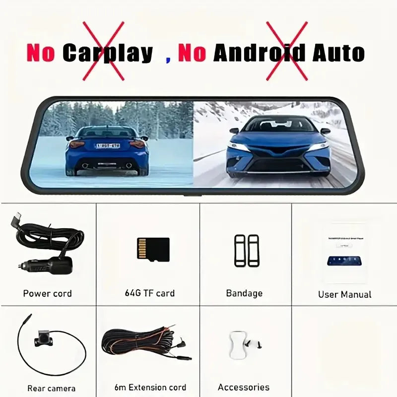 Upgraded 9.66 Full HD CarPlay Screen Mirror Dash Cam – Dual Recording, 24H Parking Mode, Night Vision, Rear Cam Motion Detection