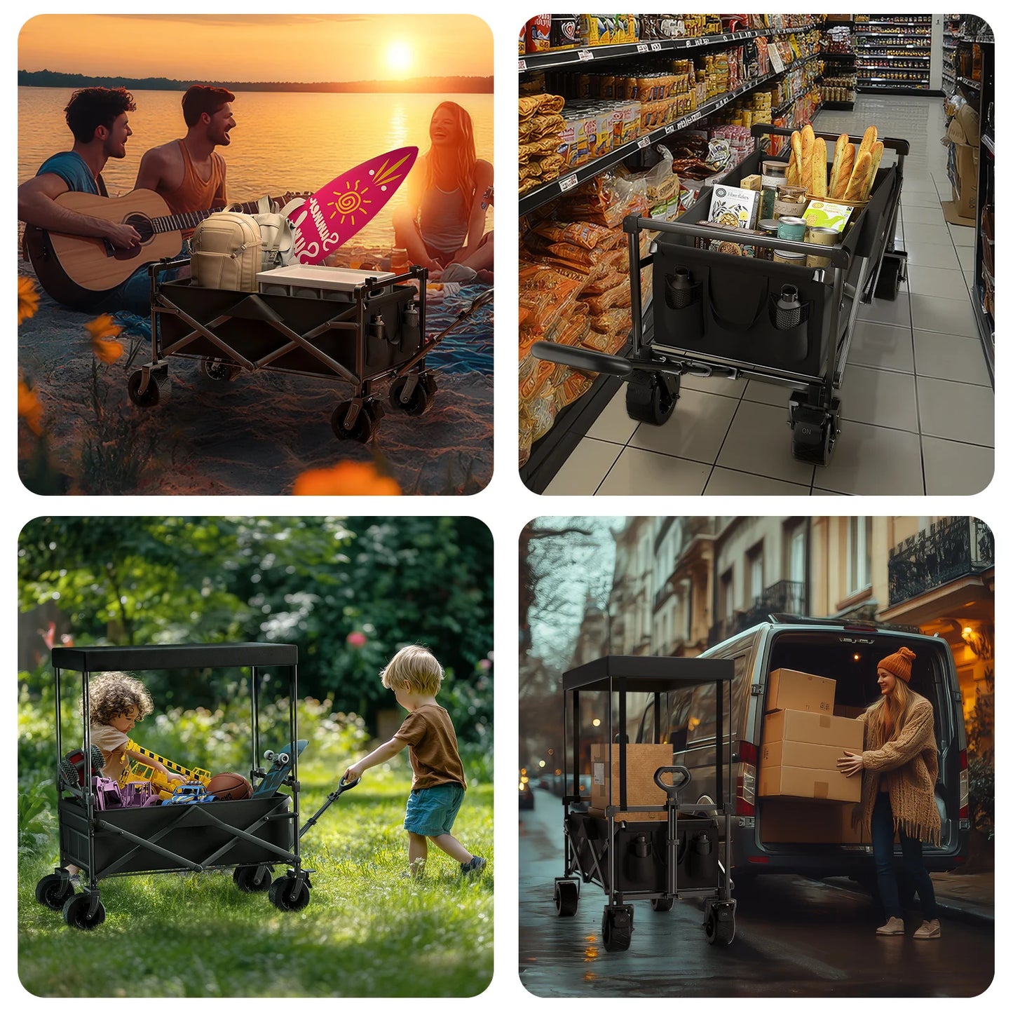 Outdoor Camping Cart Rotating Wheels Portable Table Board Miscellaneous Cart Grocery Beach Cart Double-Layer Fold Shopping Cart