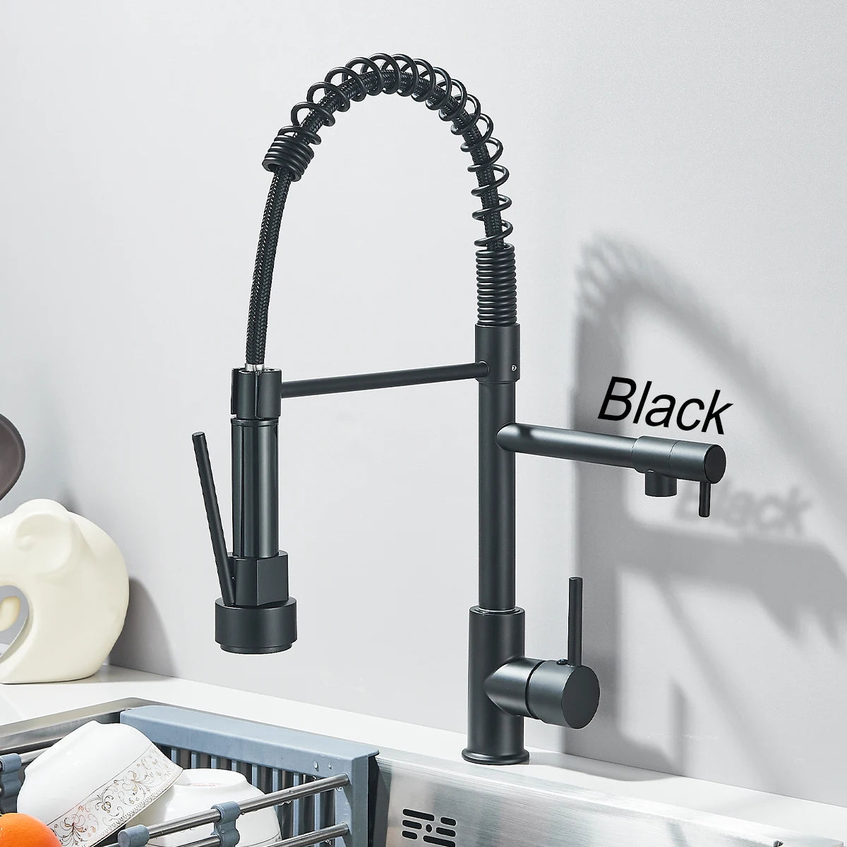 Black Pull Down Kitchen Faucet Dual Spout 360° Rotation Hot Cold Water Mixer Tap Single Handle Deck Mounted Kitchen Sink Crane