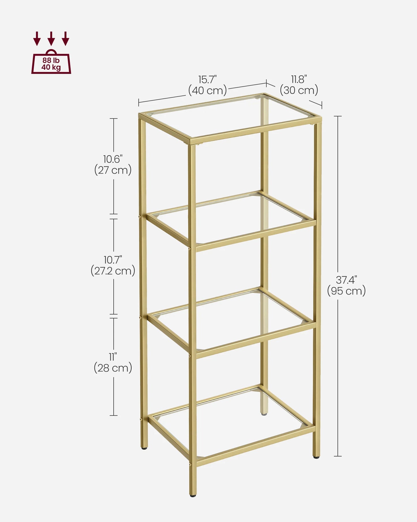 VASAGLE Bookcase, 4-Tier Bookshelf, Slim Shelving Unit for Bedroom, Bathroom, Home Office, Tempered Glass, Steel Frame