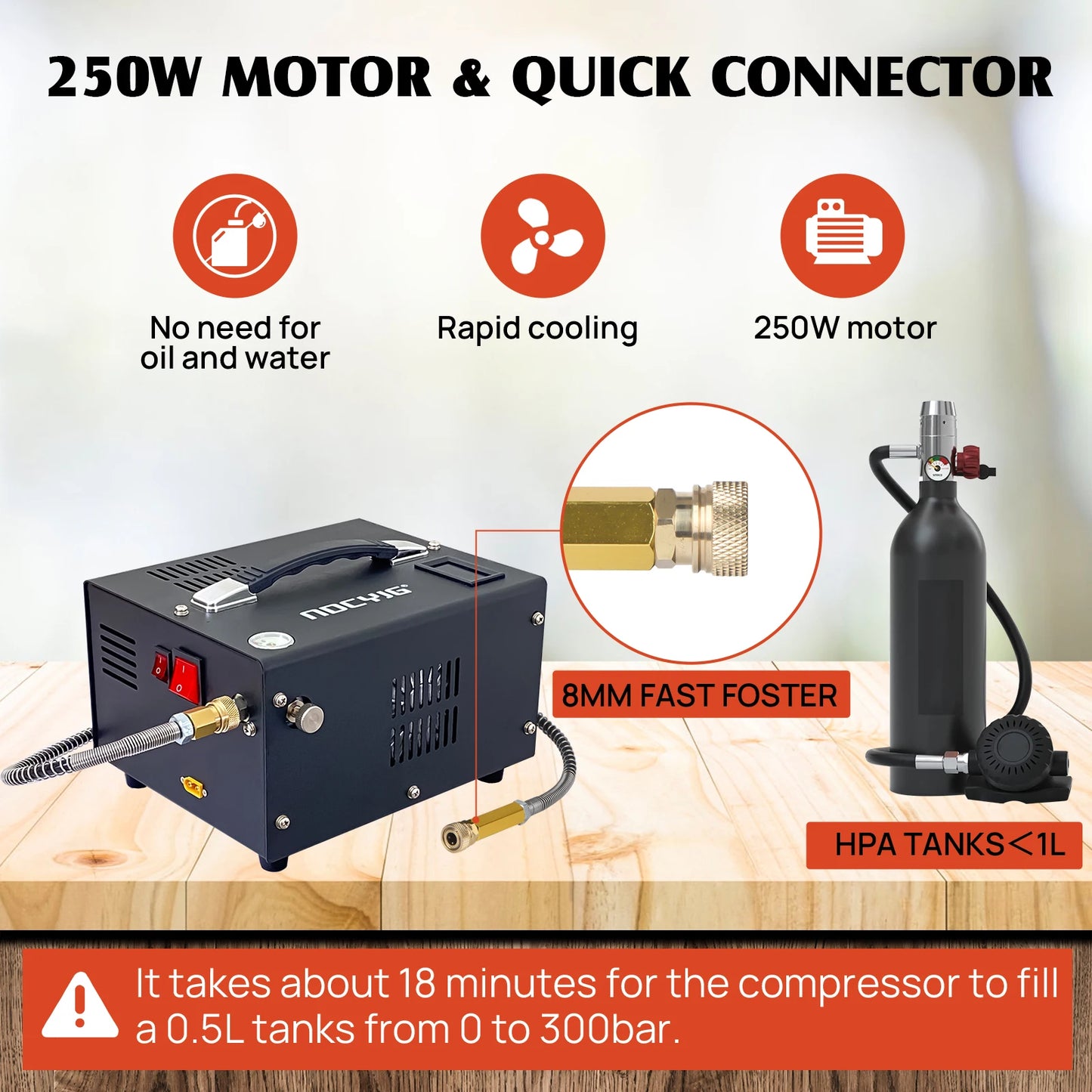 4500Psi 30Mbar Portable PCP Air Compressor Pump 12VDC/110V Power Oil/Water-Free High Pressure Diving Bottle