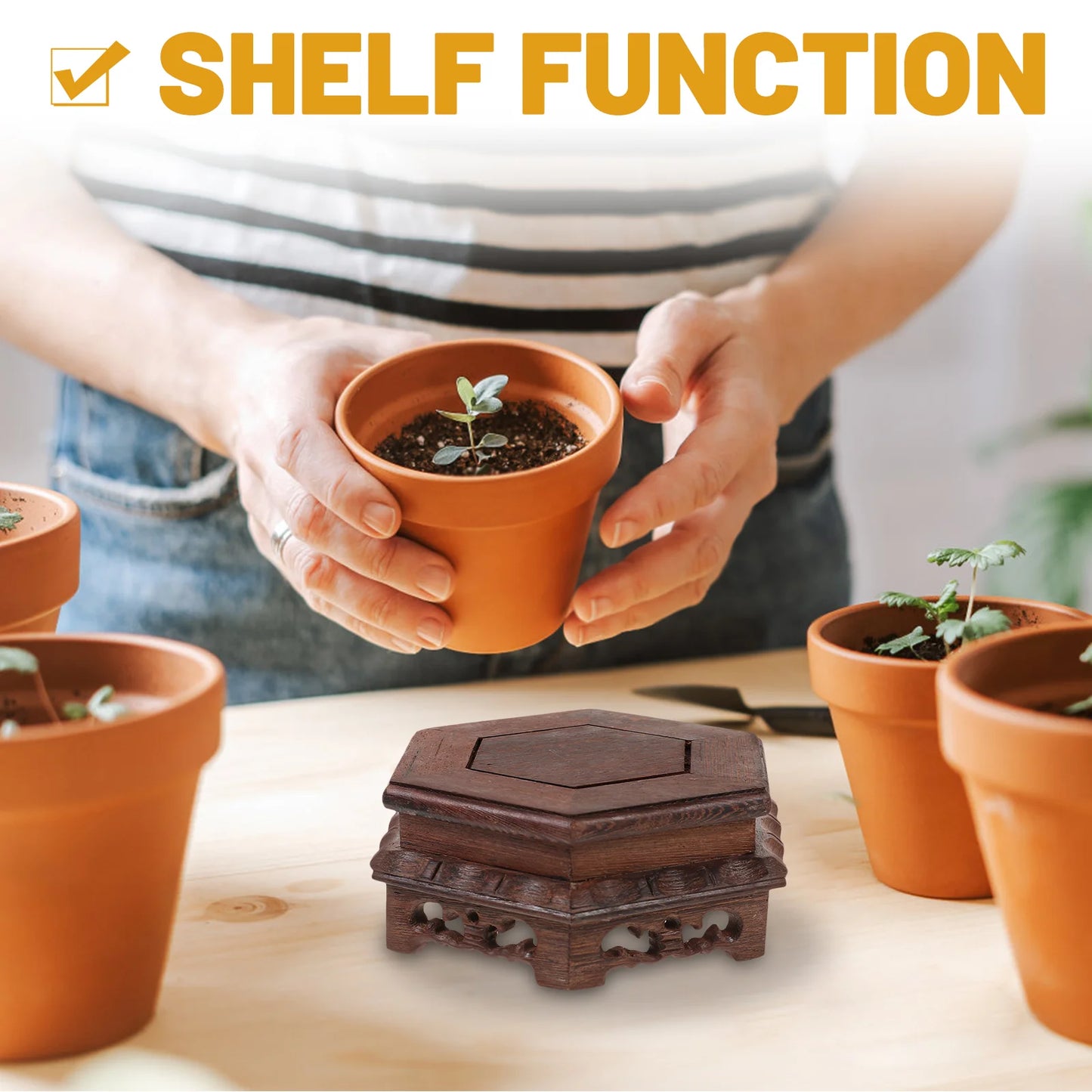 Small Size Solid Wood Base Hexagonal Wooden Plant Stand Potted Plant Riser Indoor Plant Holder Vase Display Stand Fish Bowl