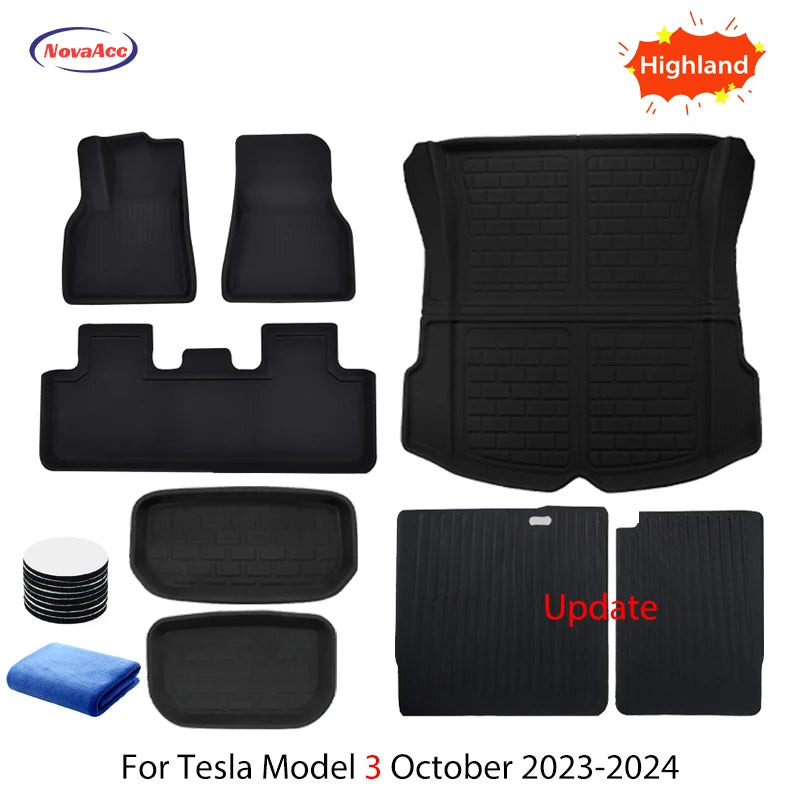NovaAcc For Tesla Floor Mats Model Y 2017-2024 Model 3 2021 to 2024 Highland All Weather Trunk Mats Floor Liner Car Accessories