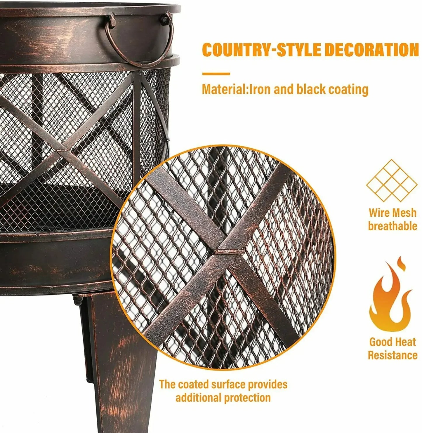 Garden Fire Pit 58X45cm Fire Basket with Spark Guard&Handles Garden Fireplace w/ Antique Rust Look Garden Fire Pit for Barbecue