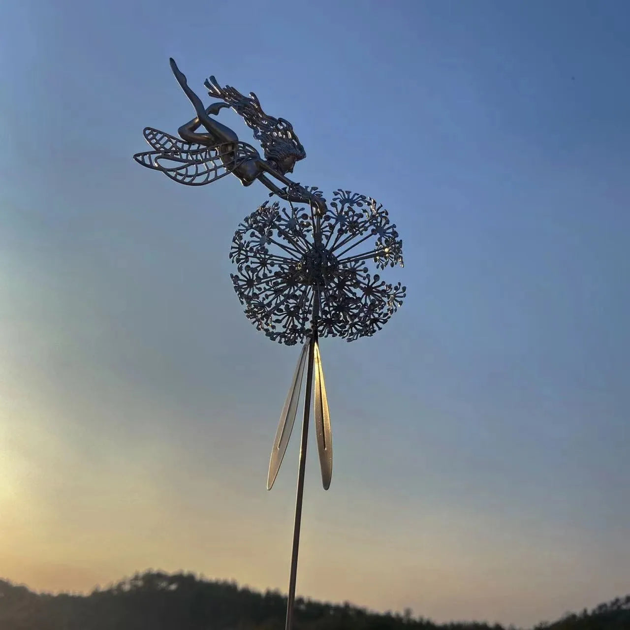 Fairies Angel With Dandelions Flowers Dance,Fairy Garden Decoration Outdoor,Sculptures & Figurines Inserted Soil Metal Craft
