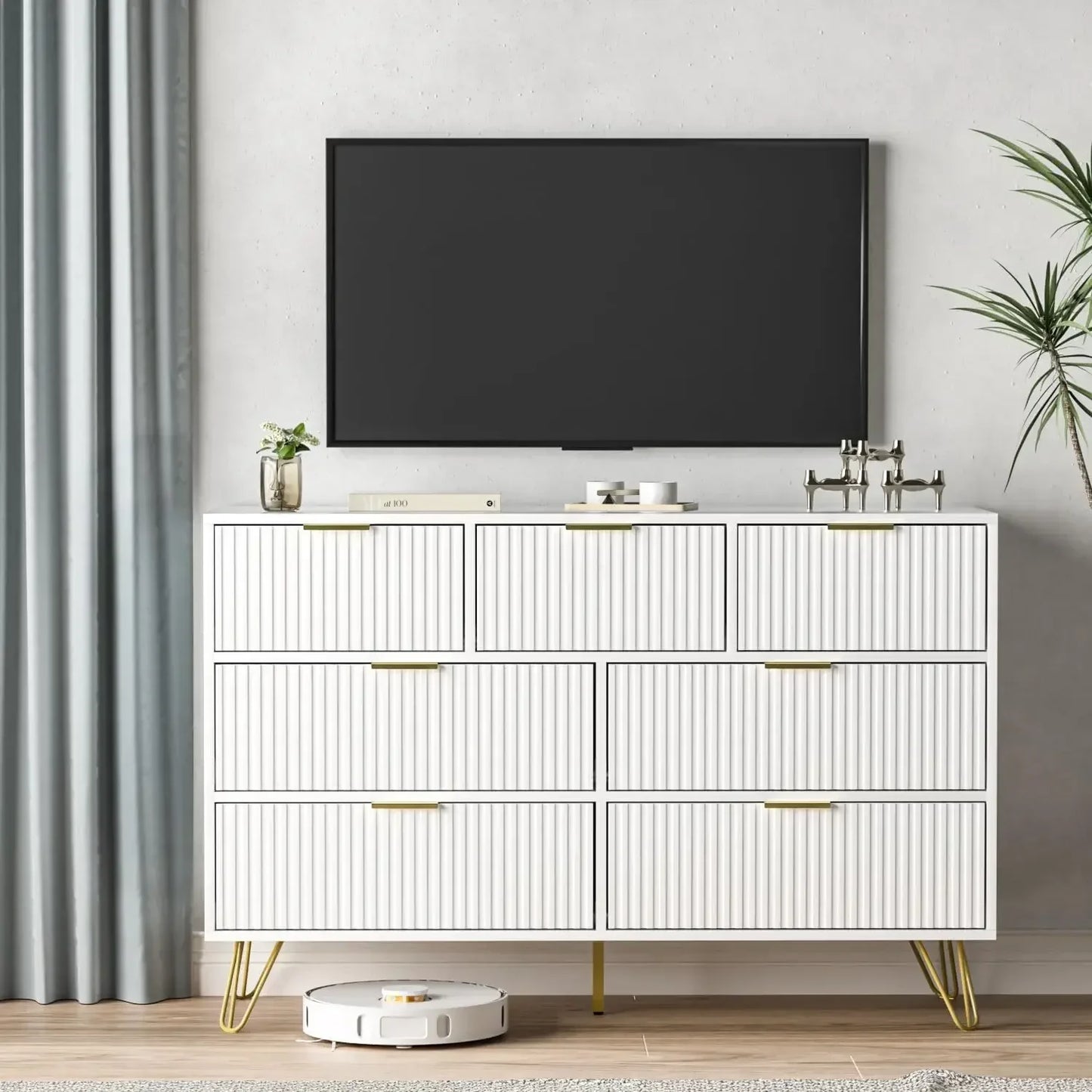 Dresser for Bedroom, White Bedroom Dresser with Drawers, Modern Wide Dresser with Gold Pulls