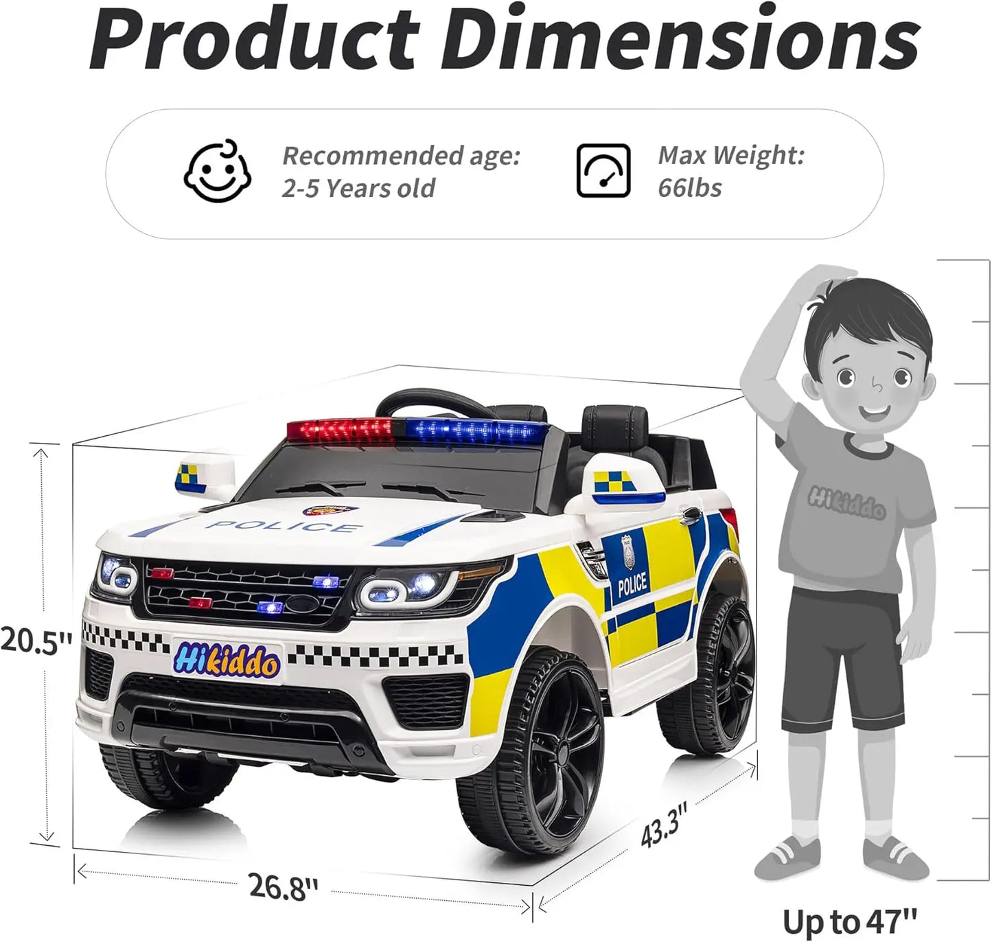 400W Motor Kids Electric Police Car - Remote & White