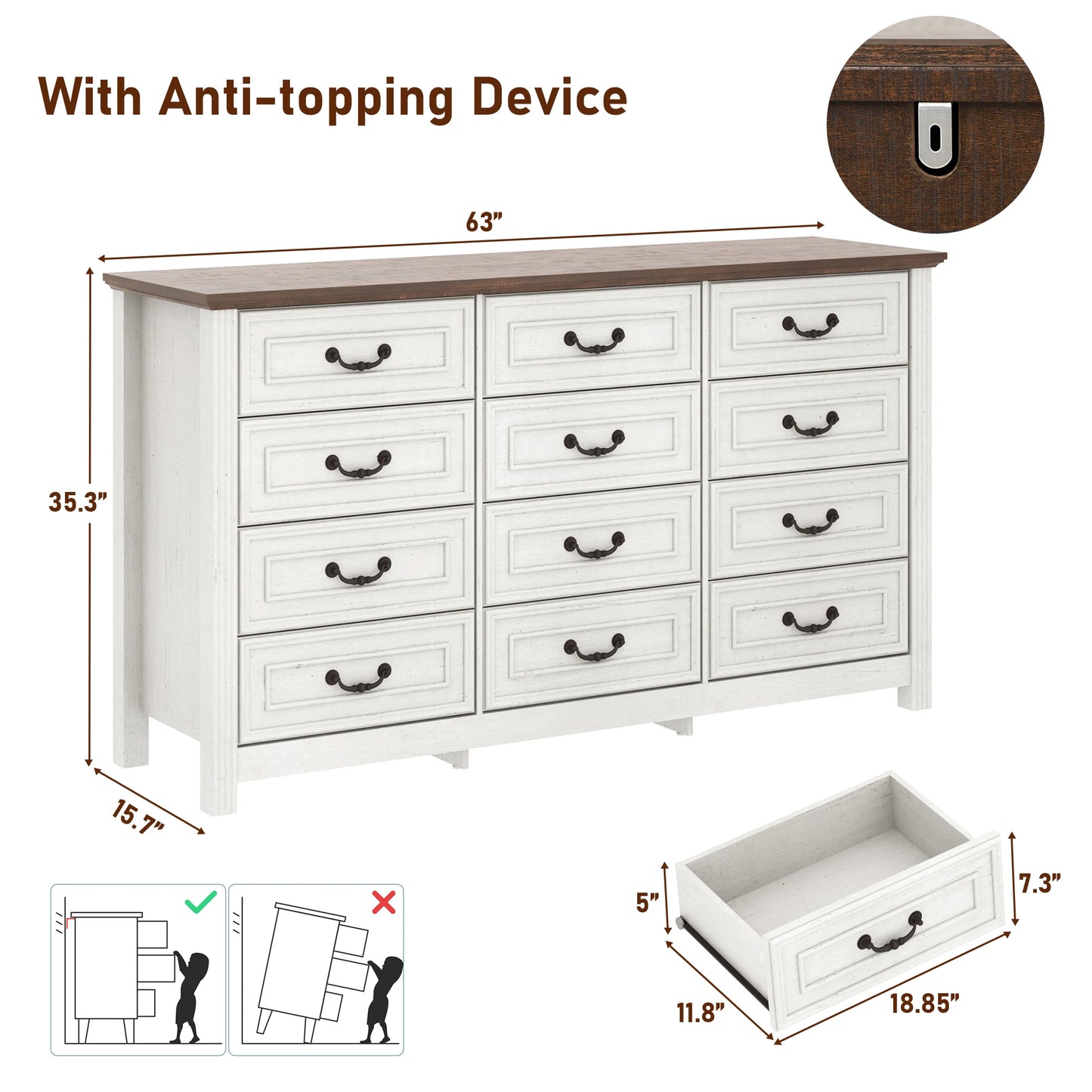 Large Dresser with 12 Drawers for Bedroom, 63'' Long Modern Wood Dresser Chest of Drawers, Storage Cabinet Clothes Organizer