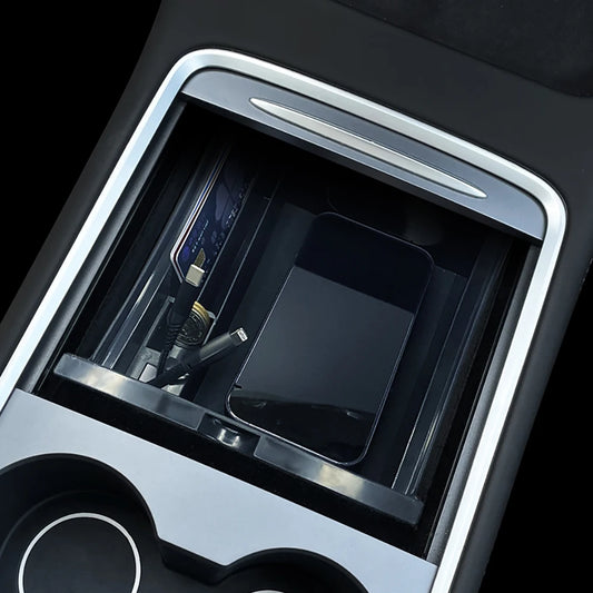 For Tesla Model Y 2020-2024 Hidden Storage Box Car Center Console Armrest Front and Rear Flocking Layer Container Slide