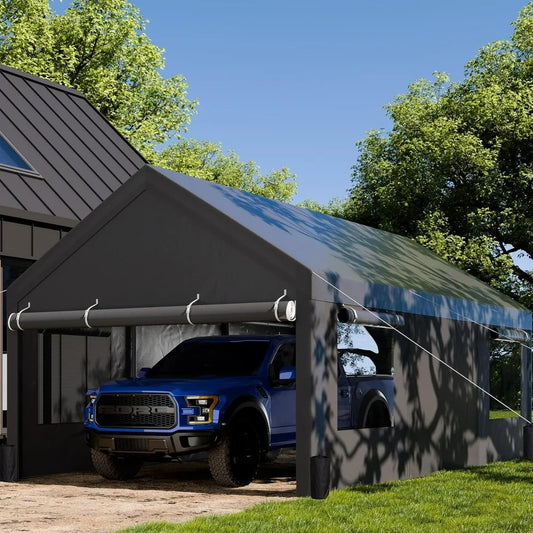 12x20 ft Carport with Roll-up Windows, Portable Garage with Removable Sidewalls & Doors, Canopy W Sandbags and All-Season Tarp