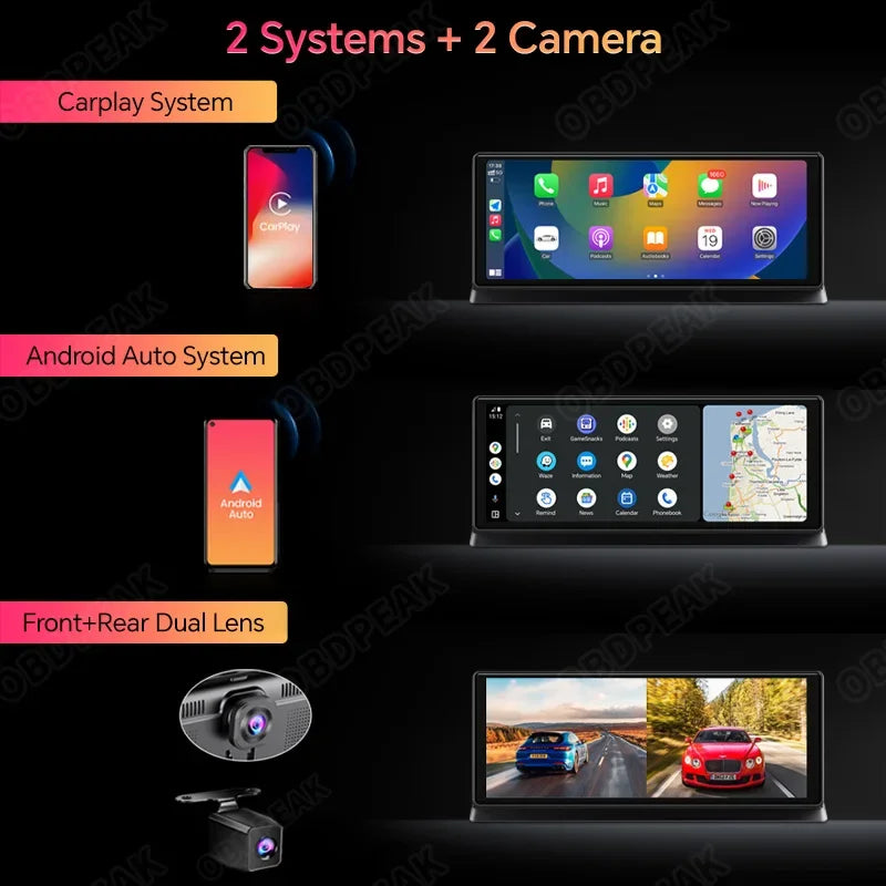11.3 inch Car DVR 4K Dash Cam Dual Lens Wireless Carplay & Android Aut