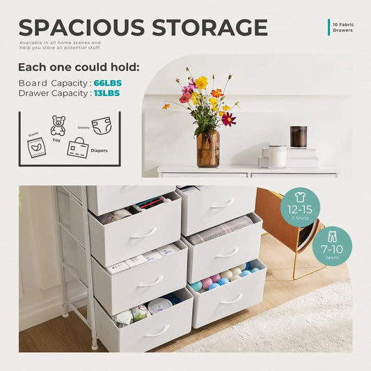 10 Drawer Dresser for Bedroom, Tall Chest Organizer with Fabric Bins, Steel Frame, White