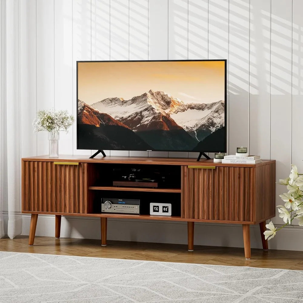 TV Stand for Living Room, Mid Century Modern Entertainment Center TV, TV Console with Fluted Door Cabinets and Open Shelves