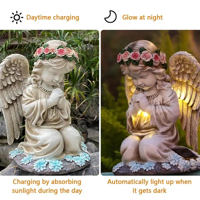 Resin Praying Angel Solar Angel Garden Decor With Solar Lights Waterproof Sculpture Figurine Cemetery Decorations Yard Art