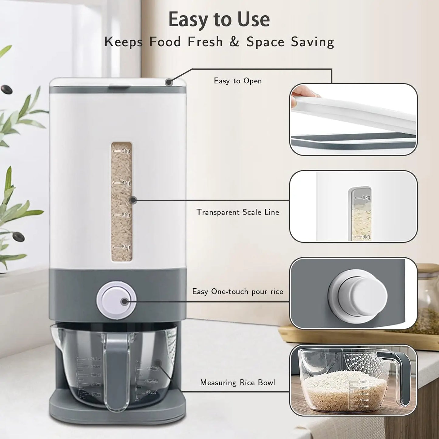 25 Lbs Rice Dispenser / Large Dry Food Storage w/ Measuring Cup, BPA-Free for Kitchen Pantry | AlluCanFind