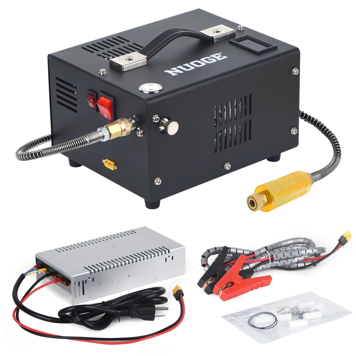 NUOGE 4500Psi 30Mbar Portable PCP Air Compressor Pump 12VDC/110V/220V Power Oil/Water-Free High Pressure Diving Bottle