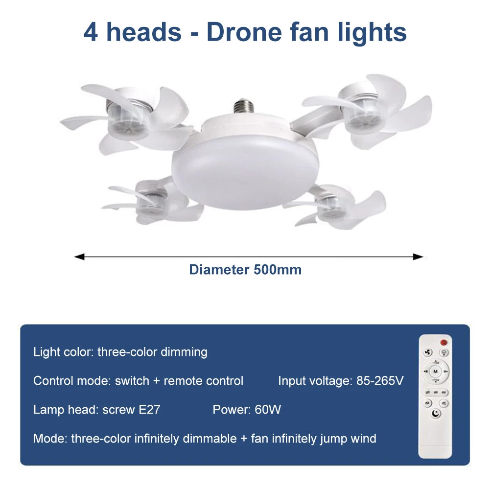 E27 LED Ceiling Fan Light with Remote Control Dimmer Function 50-60W Ceiling Light Drone Shaped Fan Light for Living Room, Study