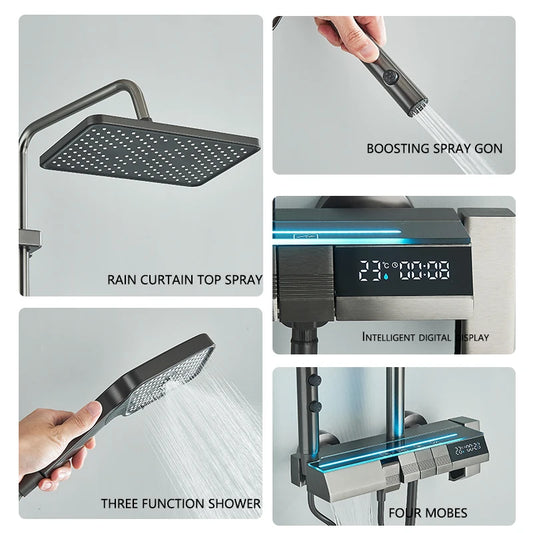 4 Piano Button Function Smart Digital Display LED Cold Hot Shower Faucet with 3 Modes Handshower 2 Modes Booster Spray Gun