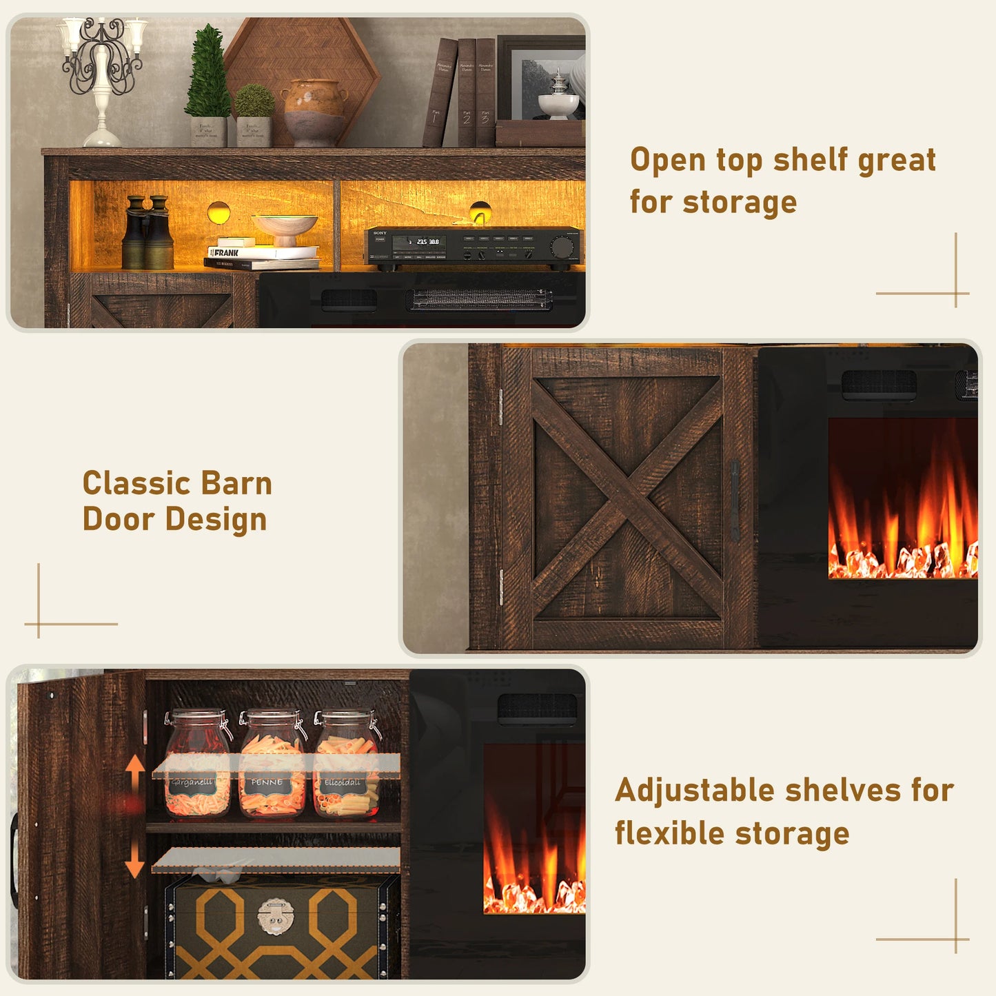 Farmhouse Fireplace TV Stand for 75/80 Inch TV, LED Media Console for 36" Electric Fireplace | AlluCanFind