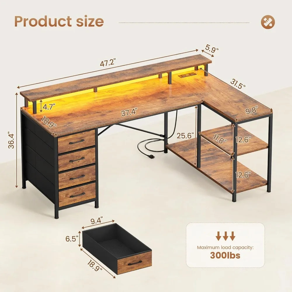 L Shaped Desk with 4 Drawers and Storage Shelves, L Shaped Gaming Desk