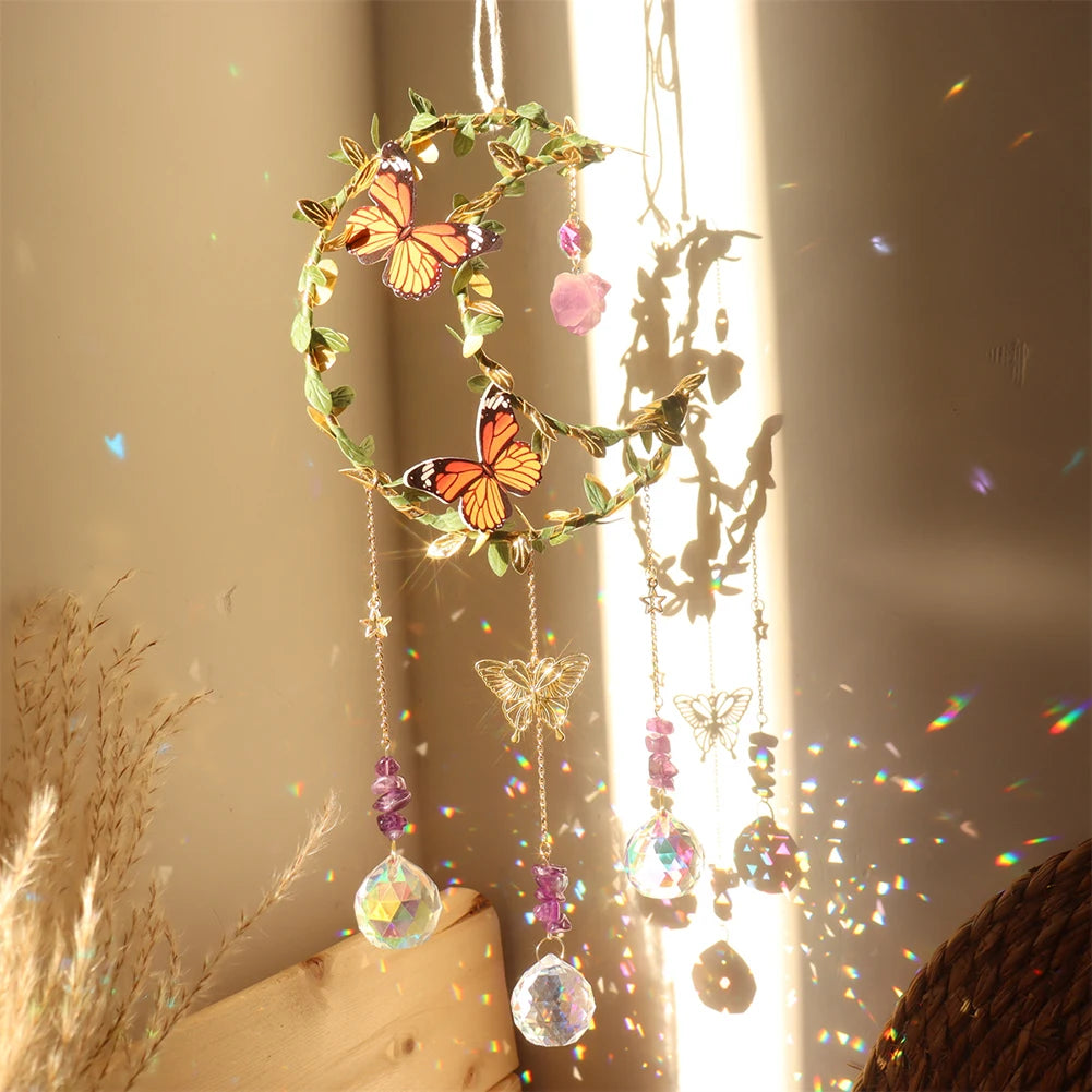 Crystals Wind Chime Star Moon Butterfly Hanging Ornament Sun Catcher Diamond Prisms Rainbow Maker Pendant Home Garden Decor