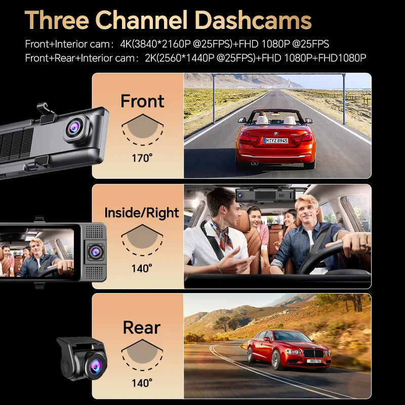 OBDPEAK 3 Camera Dash Cam 4K Car DVR Front Inside Rear 1080P GPS Track