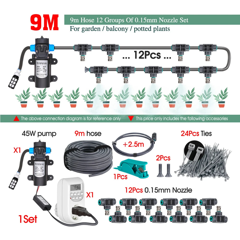 110-240V 45W Self-priming Pump Garden Greenhouse Plants Micro-Irrigation Kit Rapid Insertion 0.15MM Spray Nozzle Watering System