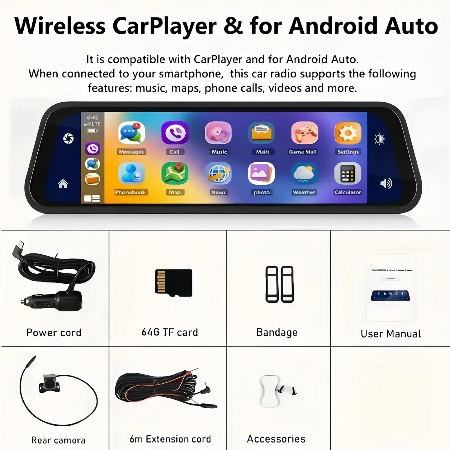 Upgraded 9.66 Full HD CarPlay Screen Mirror Dash Cam – Dual Recording, 24H Parking Mode, Night Vision, Rear Cam Motion Detection