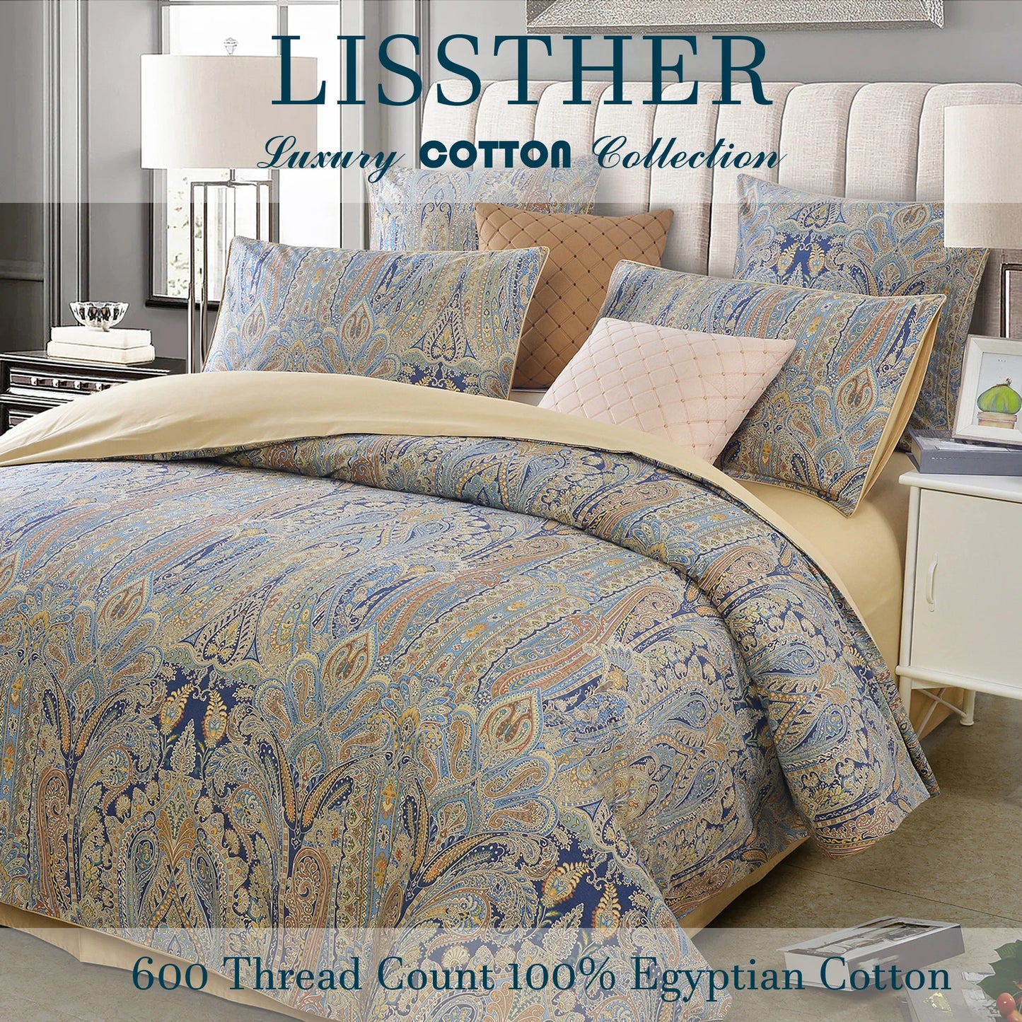 3pcs 600TC 100% Egyptian Cotton Duvet Cover Set, Vintage Bohemian Paisley Royal, Soft Skin-Friendly (No Inserts)