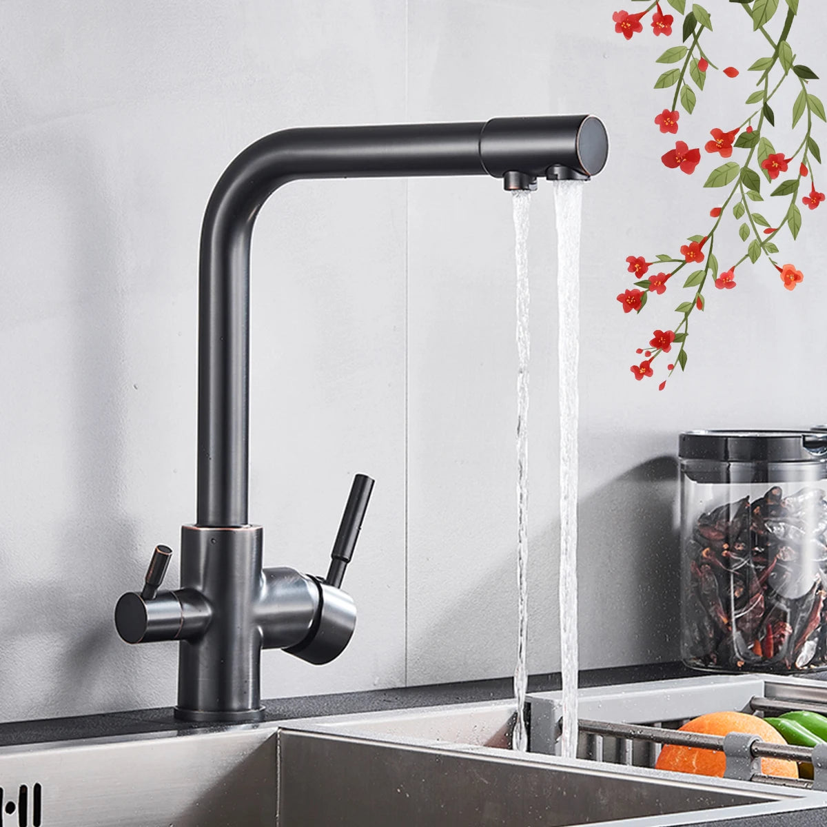 Pure Water Kitchen Faucet Chrome Stainless Steel Dual handle Hot Cold Water Mixer Tap Filtered Deck Mounted Torneira Crane Tap