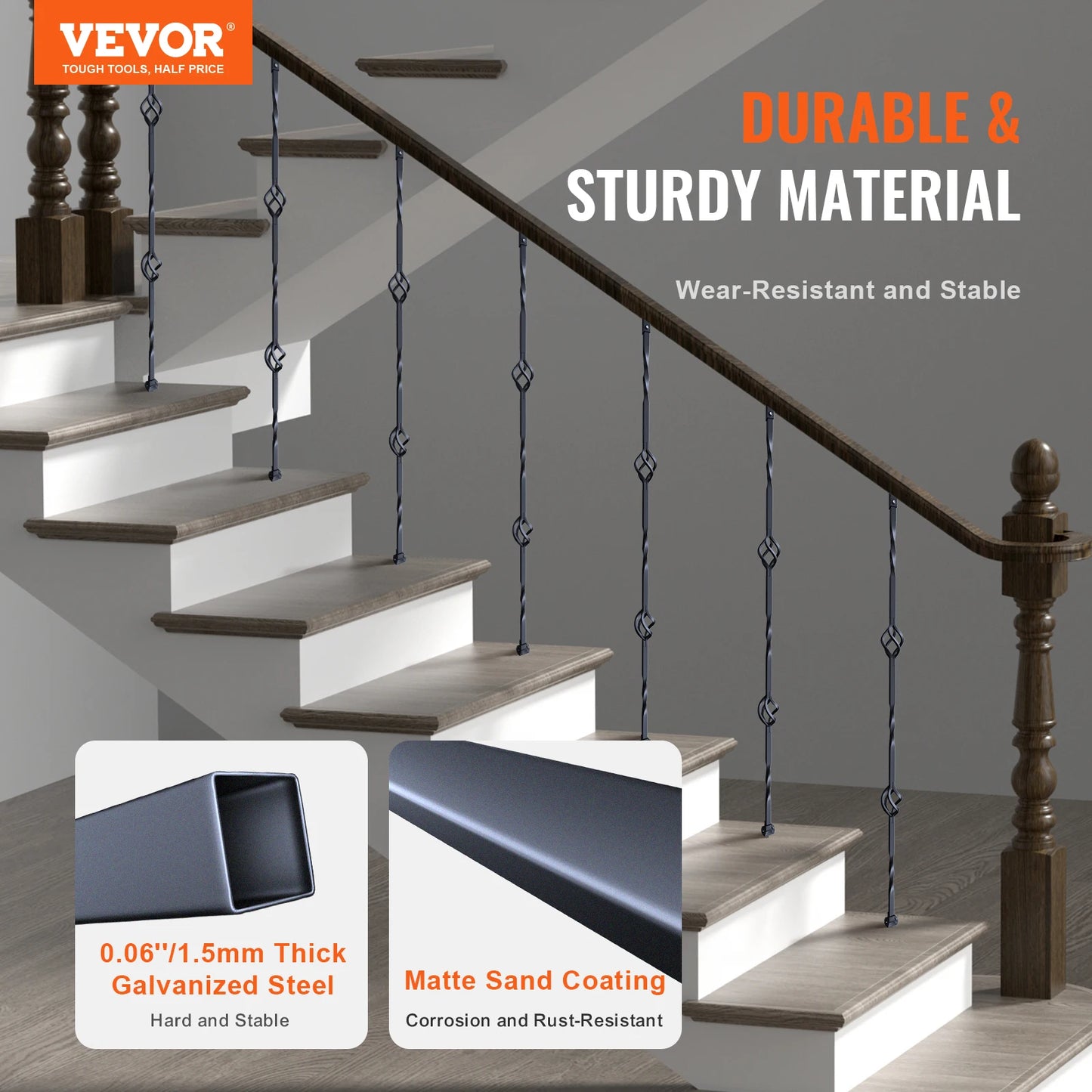 VEVOR Staircase Metal Balusters Galvanized Steel Decorative Banister Spindles with Hollow Baskets Spiral Stair with Shoes Screws