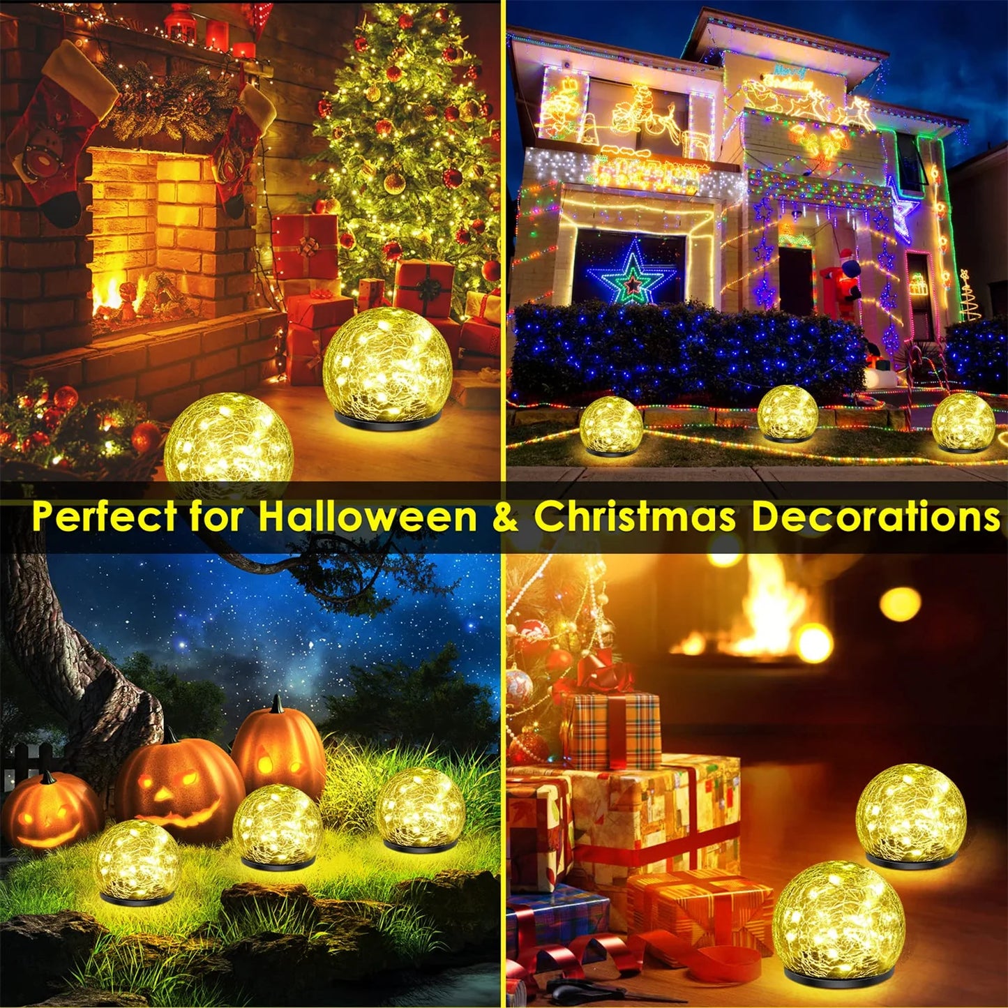Outdoor Solar Garden Light Round Cracked Glass Lamp Waterproof Landscape Decor Ball Light for Villa Walkway Path Yard Holiday