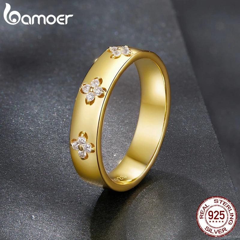 BAMOER 925 Sterling Silver Lucky Clover Moissanite Ring - Gold Plated D Color Round Cut Wide Band for Women | AlluCanFind