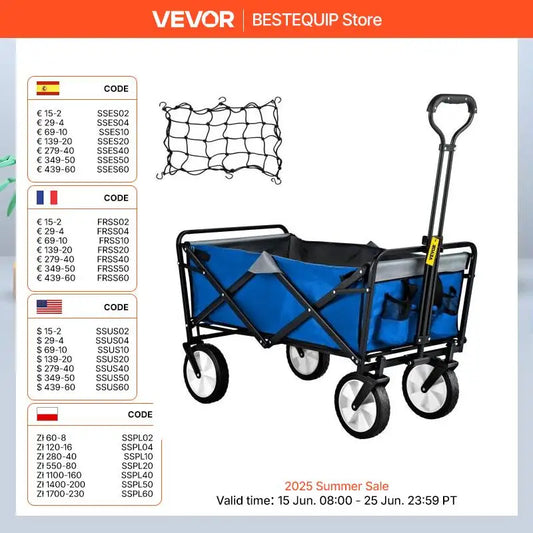 VEVOR Folding Wagon Cart Portable Outdoor Camping Beach Large Capacity Multifunction Adjustable Handle for Picnic Bbq Trolley