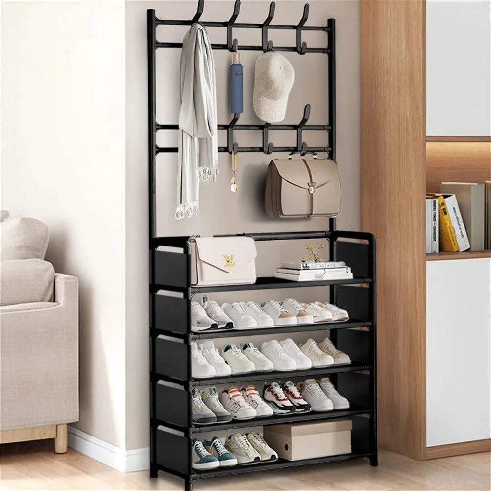 Coat Hat Stand 8 Hooks Metal Storage Shoe Rack 5 Tiers Shelf Hanger Shoes Shelf Living Room Storage Racks 80Cm Widen