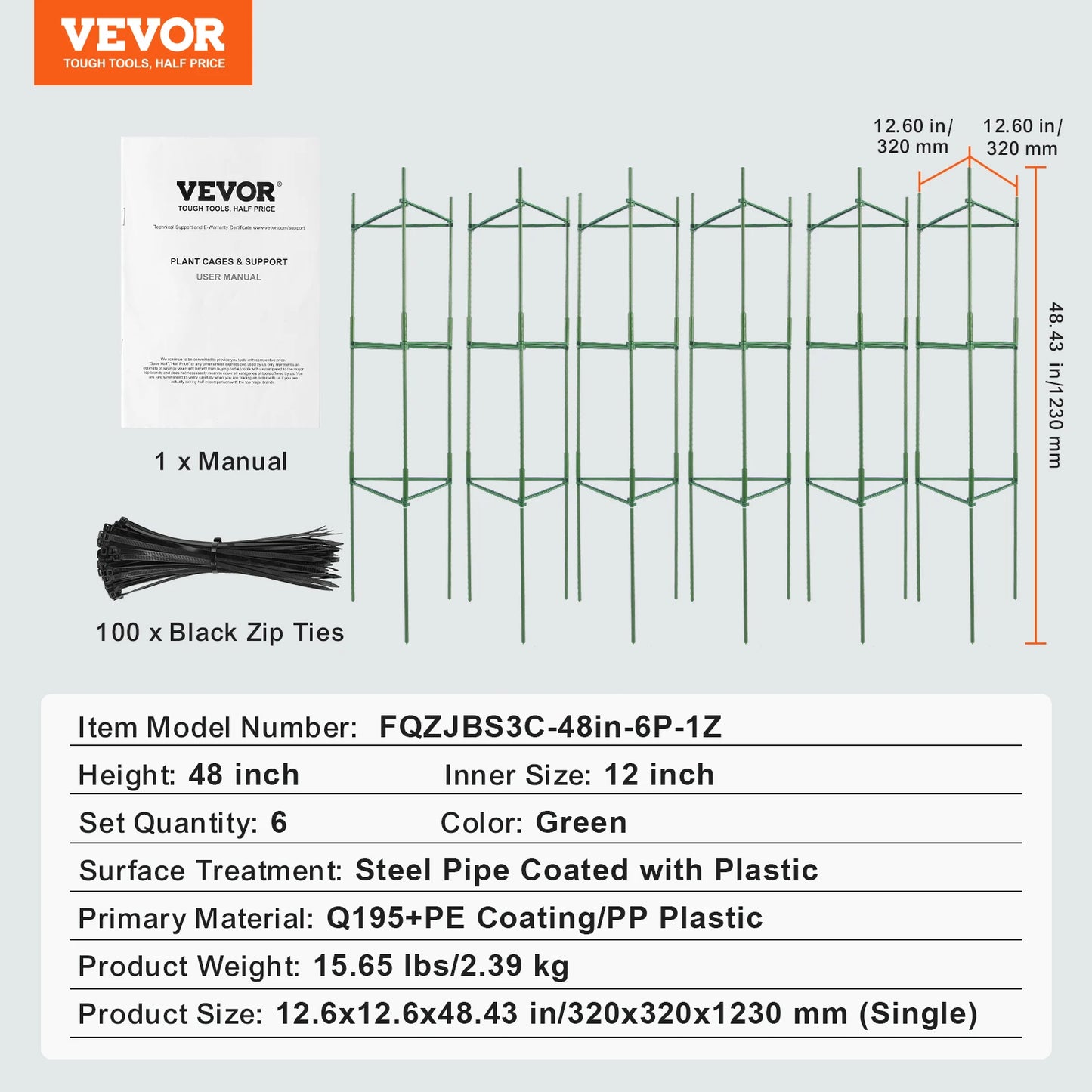 VEVOR 6 Packs Tomato Cages for Garden 48 in Trellis Plant Stakes Suppor for Raised Garden Bed Vegetables Flowers Climbing Plants