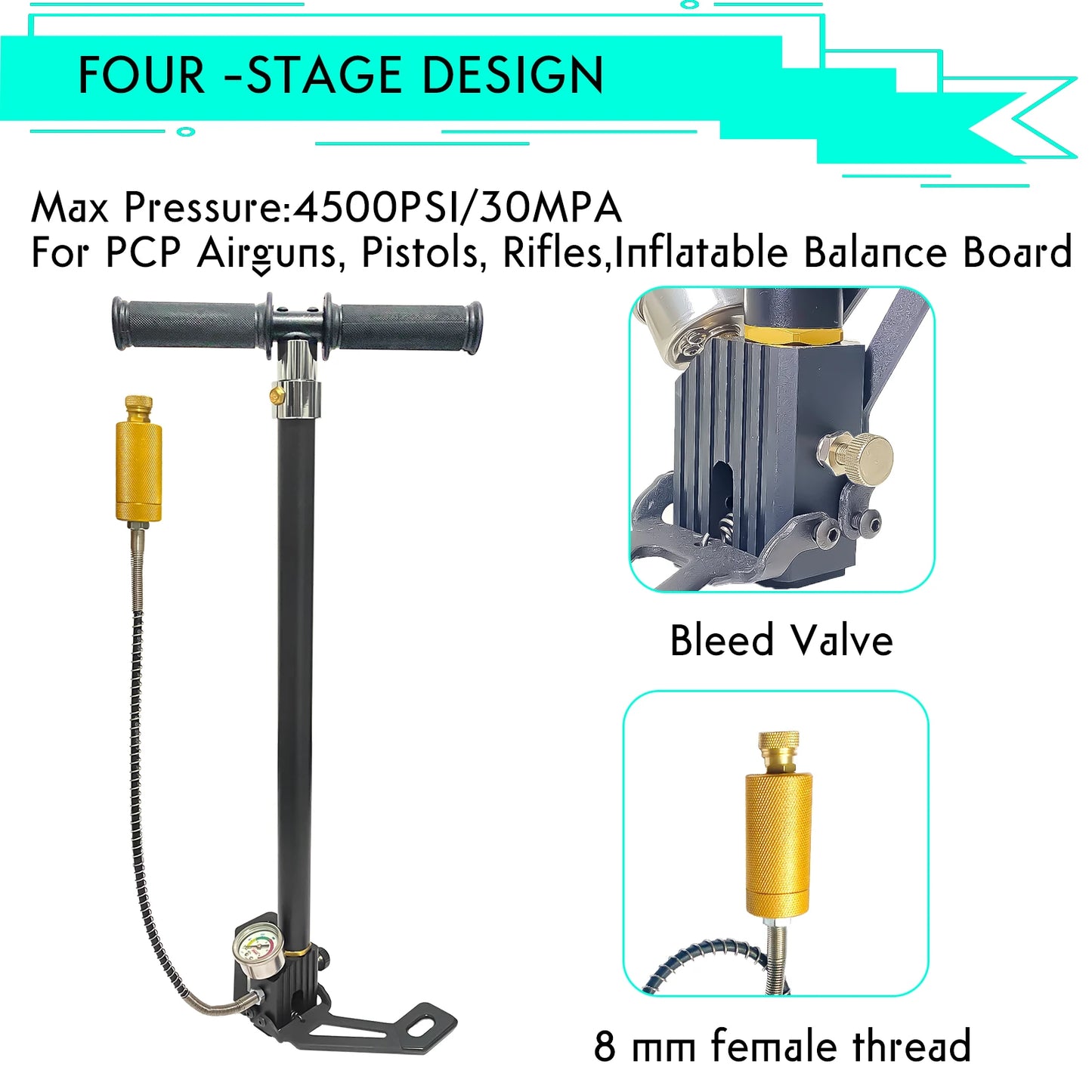 NUOGE 4 Stage 30mpa 4500Psi PCP Hand Pump High Pressure Operated HPA Tank Hunting Car Bicycle