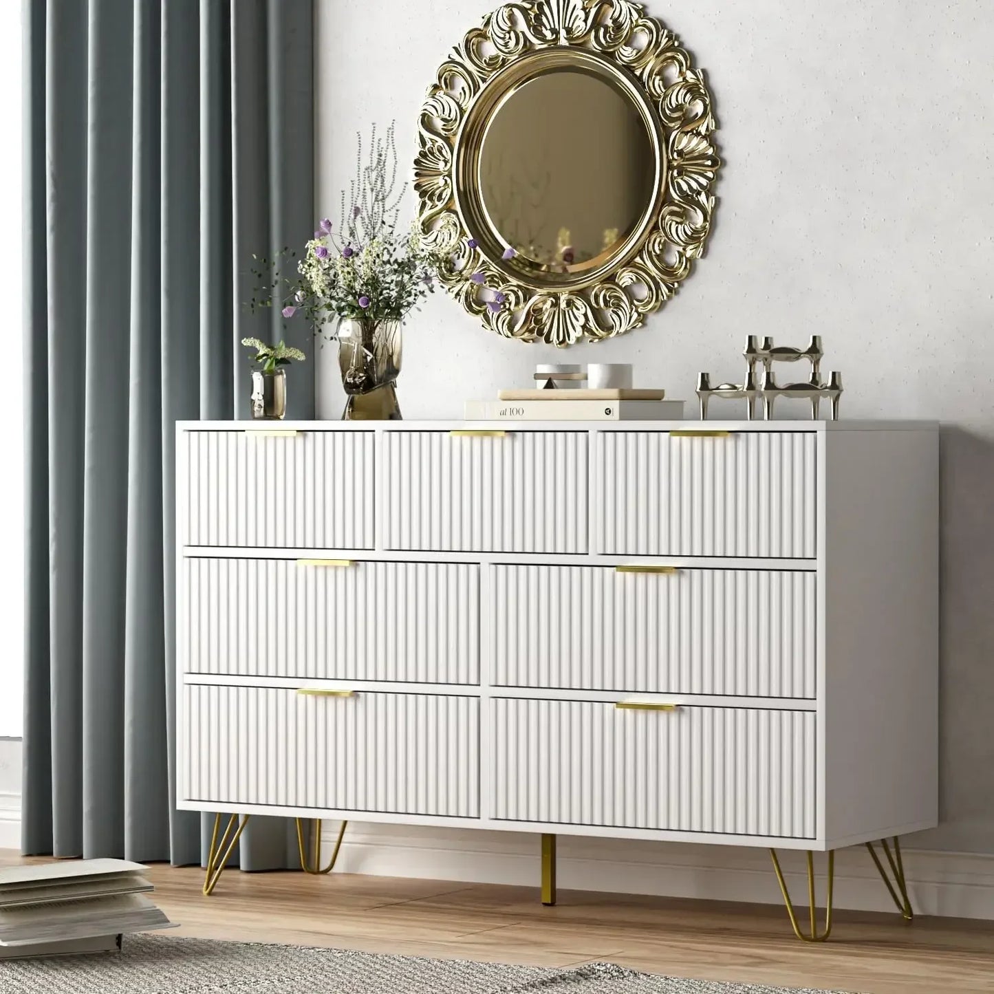 Dresser for Bedroom, White Bedroom Dresser with Drawers, Modern Wide Dresser with Gold Pulls
