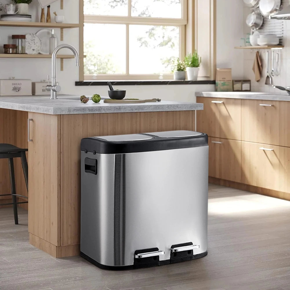 【Lifeideas】30 L/8 Gallon Trash Can, Rectangular Dual Compartment Recycling Step Bin, Stainless Steel Kitchen Trash Can