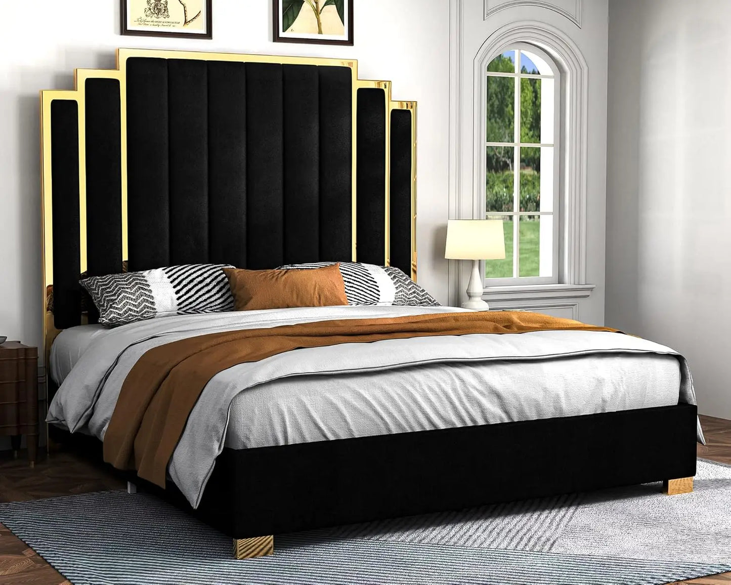 King Size Platform Bed Frame, 65" Velvet Upholstered Bed with Gold Trim Headboard/Wooden Slats/No Box Spring Needed/Black