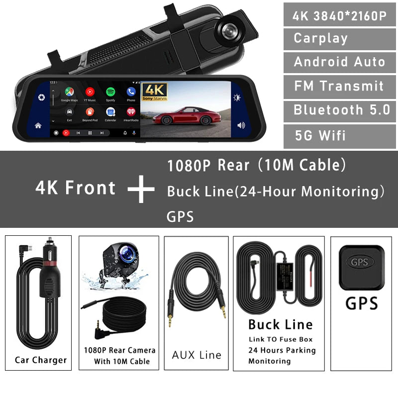 UHD 4K 3840*2160P Car Dvr Carplay Android Auto GPS 5G WIFI AUX Dash Ca