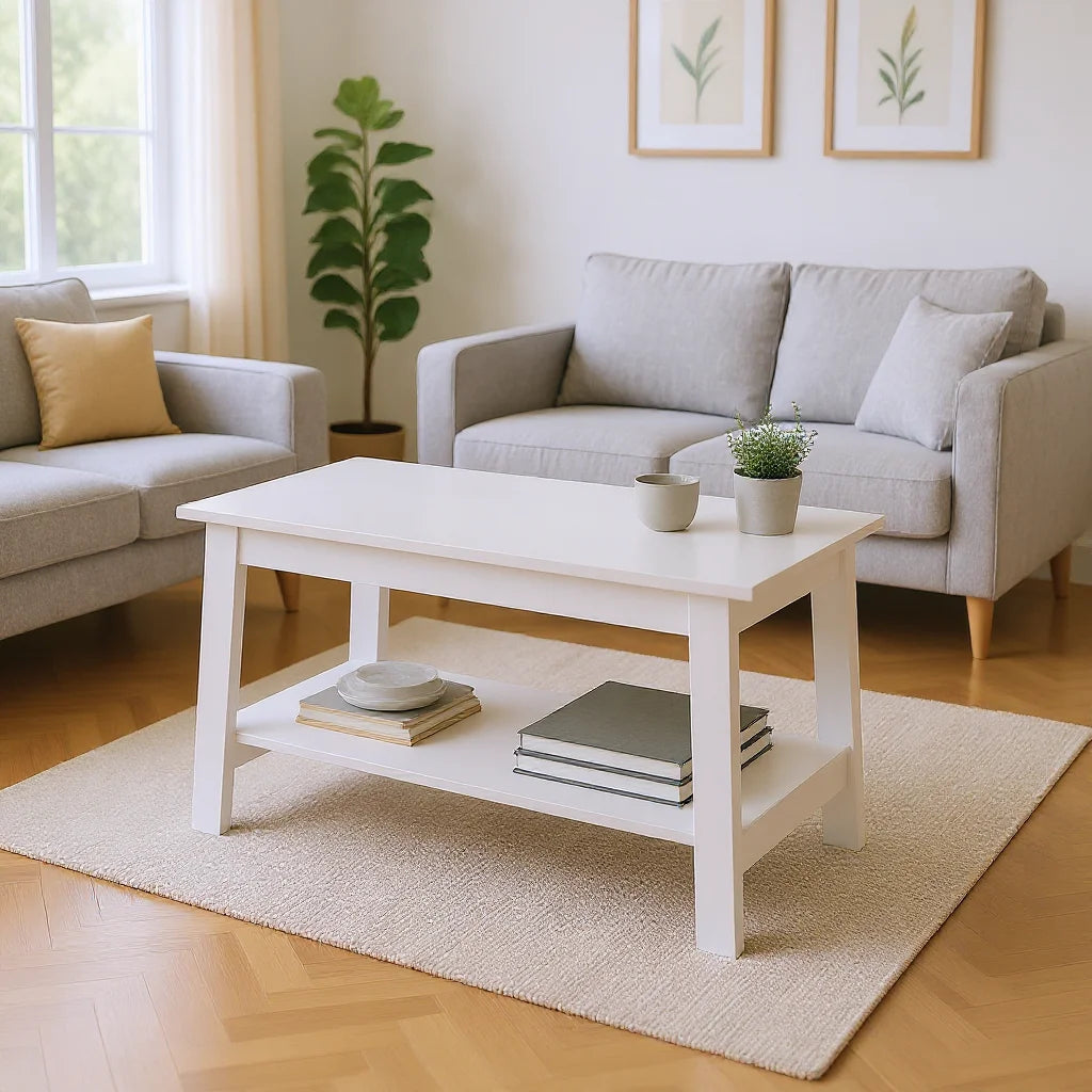 Rustic Farmhouse Wood Coffee Table with Storage Shelf, Rectangular Small Center Side Table for Living Room, Easy Assembly