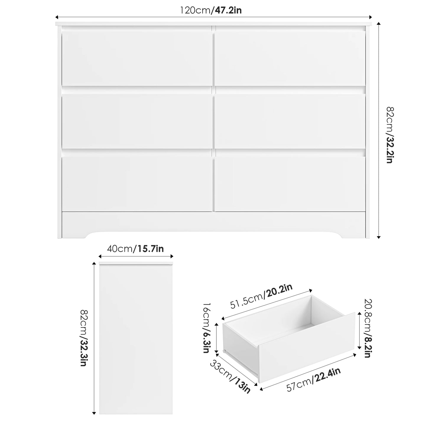 Getone White Chest of Drawers Bedroom Dresser, Bedroom Storage Cabinet with 6 Drawers Sideboard for Living Room 120x40x82cm