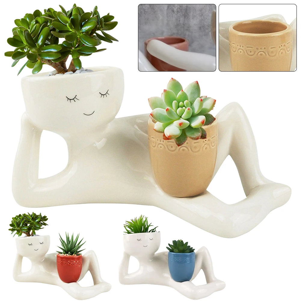Relaxing Person Holding Pot Planter with Drainage Hole Funny Succulent Pot Resin Desktop Body Flower Pot Home Office Decor
