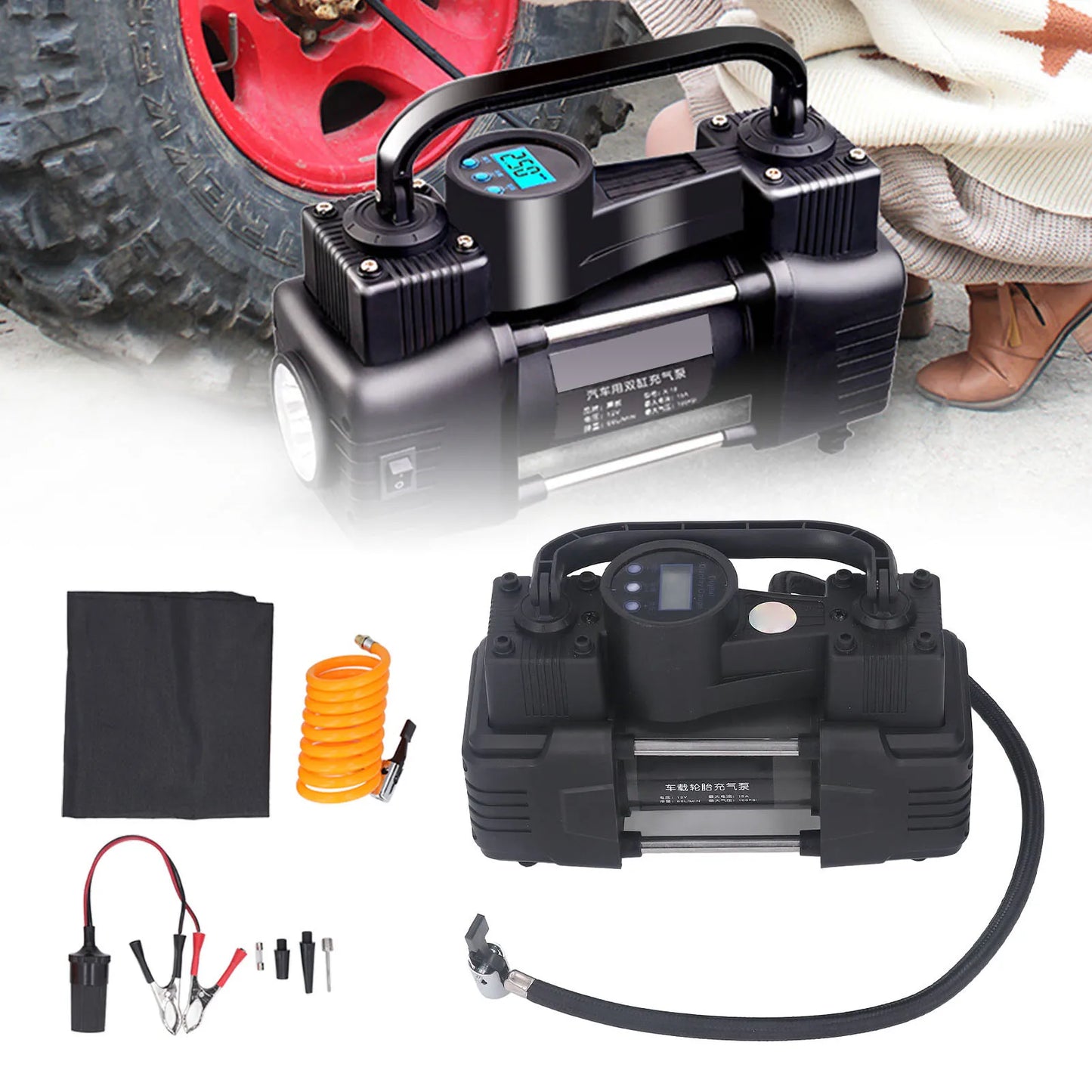 New 12V Air Compressor Pump with LED Light Digital Display Meter 100PSI Cylinder Automobile Tire Inflator Automobile Air Pump