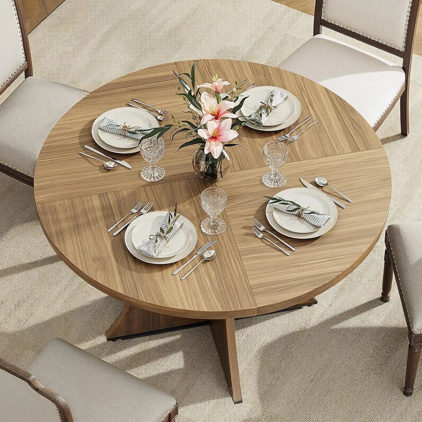 47.2 inch Round Dining Table for 4-6 People, Wood Kitchen Table for Dining Room Living Room, Small Circle Farmhouse Dinner Table