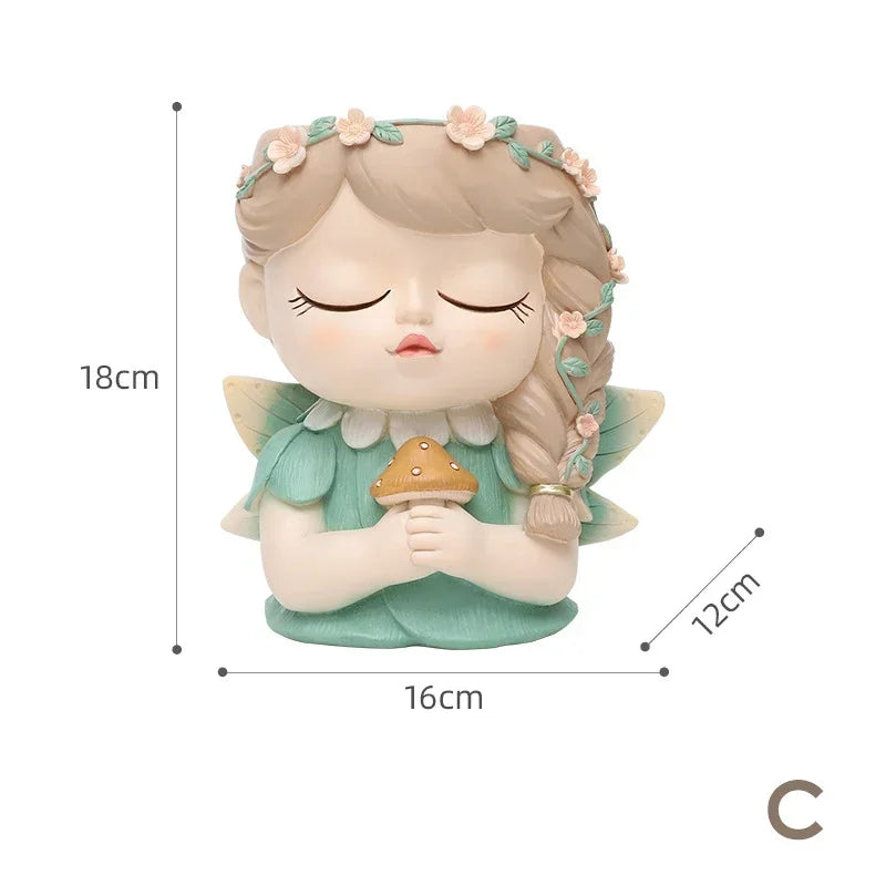7 inch Cute Angel Girl Face Planter Pot with Drainage Hole, Resin Fairy Tale Planter Ornamental Statues for Home Office Decor