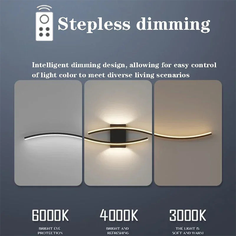 Modern LED Strip Wall Sconce - Double Curve, Remote, Black Gold, Bedside Bedroom | AlluCanFind